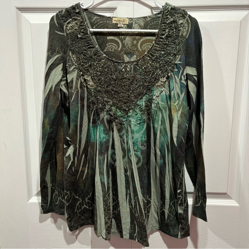 ONE WORLD Women’s Paisley Pattern Long Sleeve Top Shirt - green/blue, size S